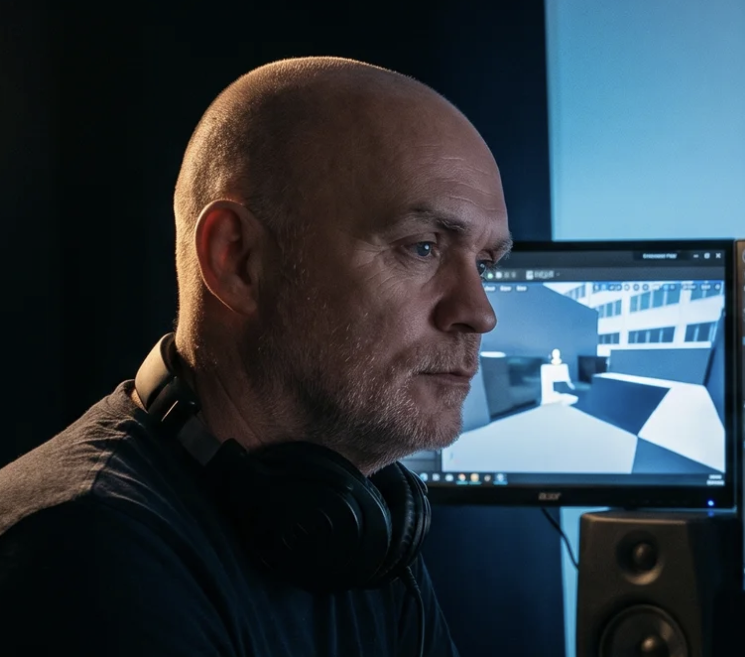 Andrew Parton at the bench, working in Unreal Engine
